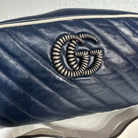 Gucci GG Logo Navi Blue Leather Marmont Shoulder Bag Crossbody - Picture 6 of 9